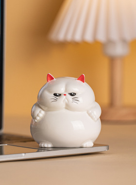 国潮招财陶瓷黑色白色猫咪摆件家居办公桌面装饰品可爱小猫咪礼物