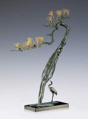 铜艺坊松鹤为伴黄铜仙鹤摆件新中式金属铜器工艺品家居客厅装饰品