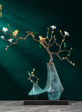 铜艺坊鸟语花香彩铜摆件工艺品喜鹊花瓶枝鸟仿真黄铜工艺家居摆件