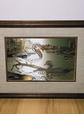 中古1985年西洋古董富兰克林纯银鸳鸯戏水画带钢印证书稀有银画