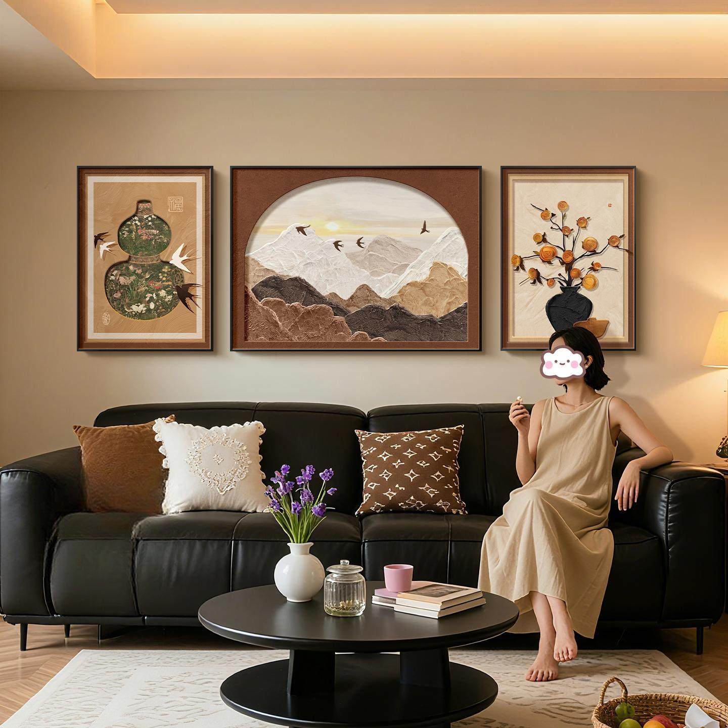 中古风山水客厅装饰画柿柿如意沙发背景墙挂画高级感复古三联壁画,淘宝优惠券,粉丝福利购,淘宝优惠卷