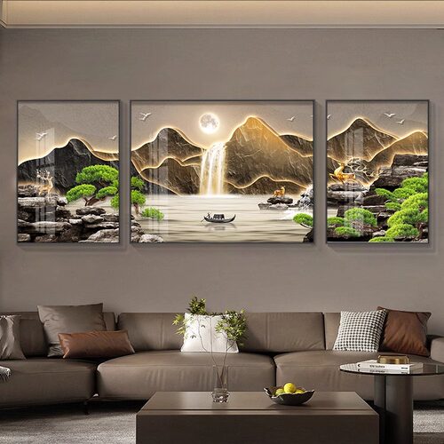 2025新款现代轻奢客厅装饰画大气沙发背景墙挂画山水画三联墙壁画 - 图0