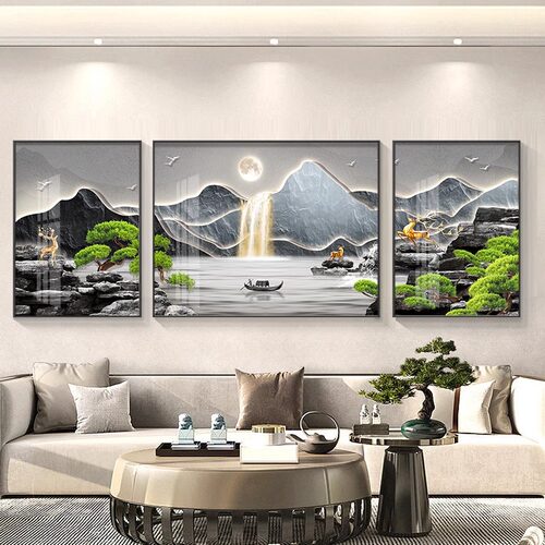 2025新款现代轻奢客厅装饰画大气沙发背景墙挂画山水画三联墙壁画 - 图1