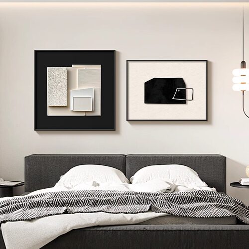 简约现代卧室床头装饰画抽象几何房间主卧挂画黑白高级感组合壁画 - 图2