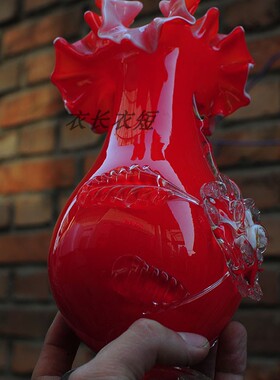 花瓣红色琉璃玻璃花瓶老物件