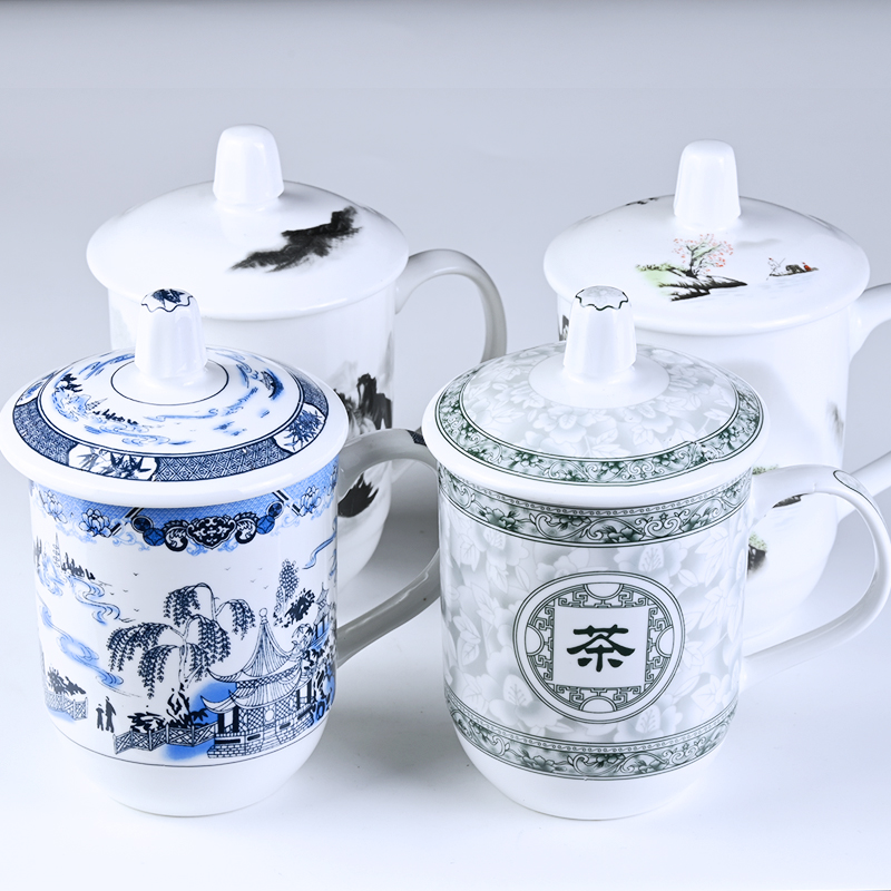 陶瓷杯青花瓷水杯带盖子家用中式宾馆酒店茶杯办公会议室陶瓷杯子 - 图0