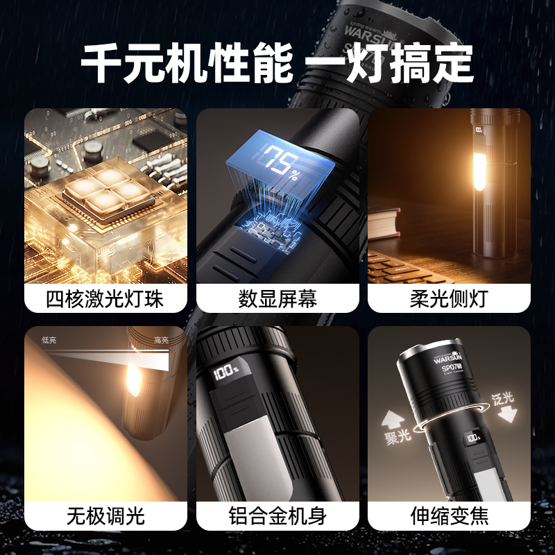 沃尔森手电筒强光充电超亮户外小型便携远射迷你家用多功能巡逻灯 - 图3