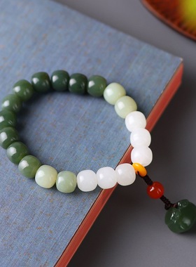 天然新疆和田玉白玉渐变手串男女款玉石手链渐变色湖水绿老型珠证