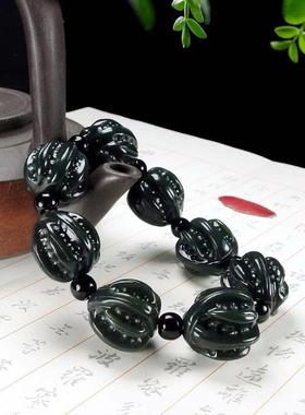 天然新疆和田玉青玉核桃手串男款手链黑青手工雕刻手串
