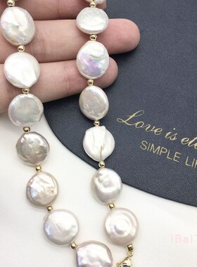 镀14K金淡水纽扣扁巴洛克项颈链手链 银针耳钉 小红书抖音明星款