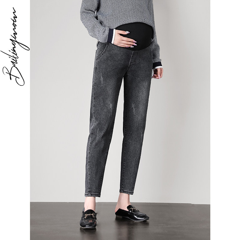 孕妇春秋潮妈外穿宽松九分牛仔裤 百伶妈妈孕妇直筒裤