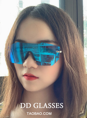 ins欧美一体式无框太阳镜开车防风墨镜菱形个性眼镜男女大框墨镜