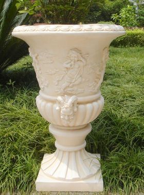 欧式风绿植物浮雕羊角盆栽花摆件