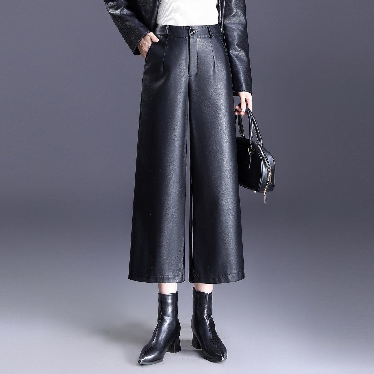 加绒八分裤女皮裤秋冬新款加厚直筒裤高腰显瘦宽松小个子阔腿裤子,淘宝优惠券,粉丝福利购,淘宝优惠卷