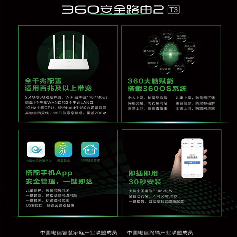 360无线路由t3电信版t5g家用网口 萍呙数码普通路由器
