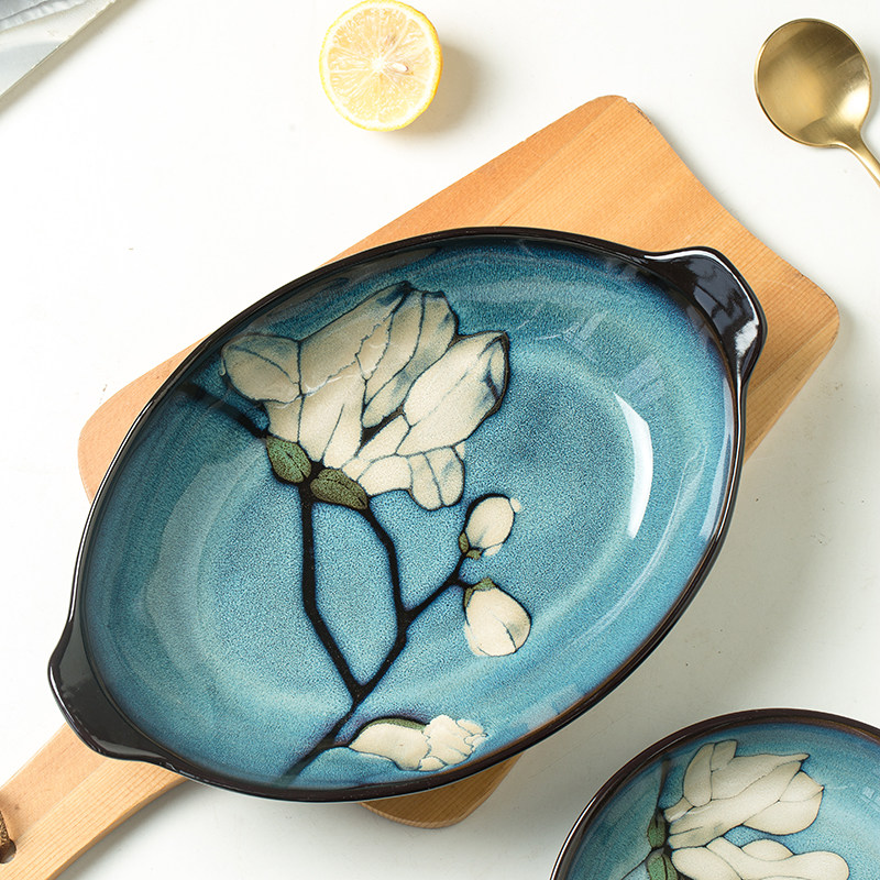 玉兰花陶瓷餐具釉下手绘饭碗汤碗套装家用盘子深盘汤盘方形盘鱼盘,淘宝优惠券,粉丝福利购,淘宝优惠卷