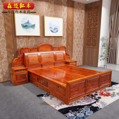 缅甸花梨红木大果紫檀原木床加厚独板全榫卯结构明清古典山水 - 图3