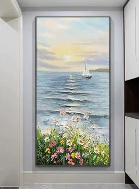 日出纯手绘艺术油画奶油风走廊玄关装饰画简约现代沙发背景墙挂画