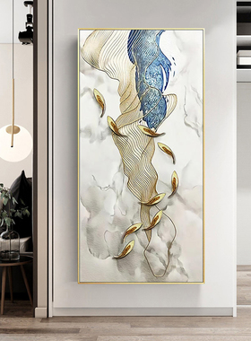 手绘金色九鱼复式挂画轻奢风玄关装饰画竖版走廊壁画立体客厅油画