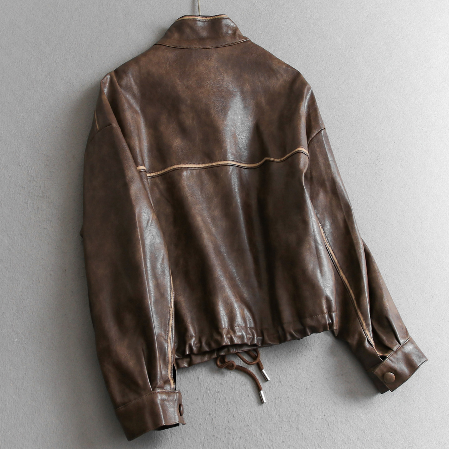 撞色复古宽松显瘦抽绳设计短外套2025秋季新款长袖夹克女皮衣B027,淘宝优惠券,粉丝福利购,淘宝优惠卷