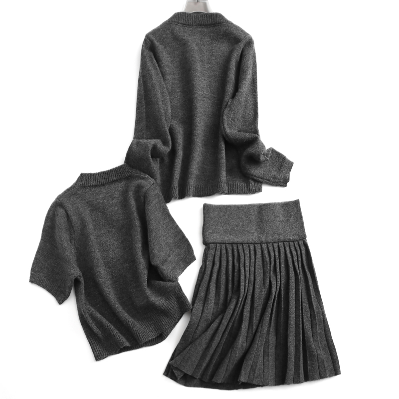 纯色显瘦软糯圆领长袖针织开衫短袖线衫百褶a字裙女三件套装J604 - 图0