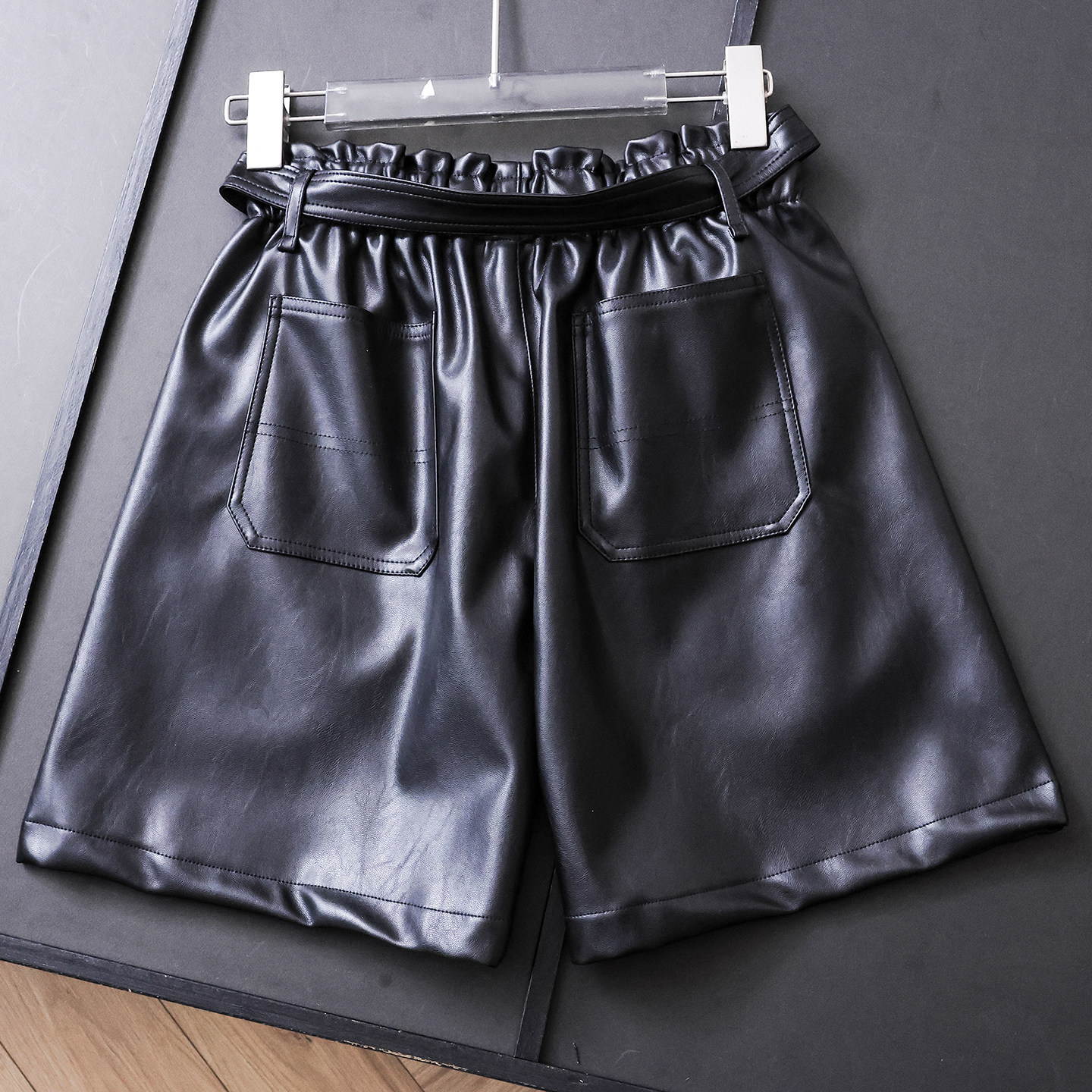 纯色系腰带松紧腰显瘦高腰阔腿裤外穿显瘦靴裤女皮裤休闲短裤B855,淘宝优惠券,粉丝福利购,淘宝优惠卷