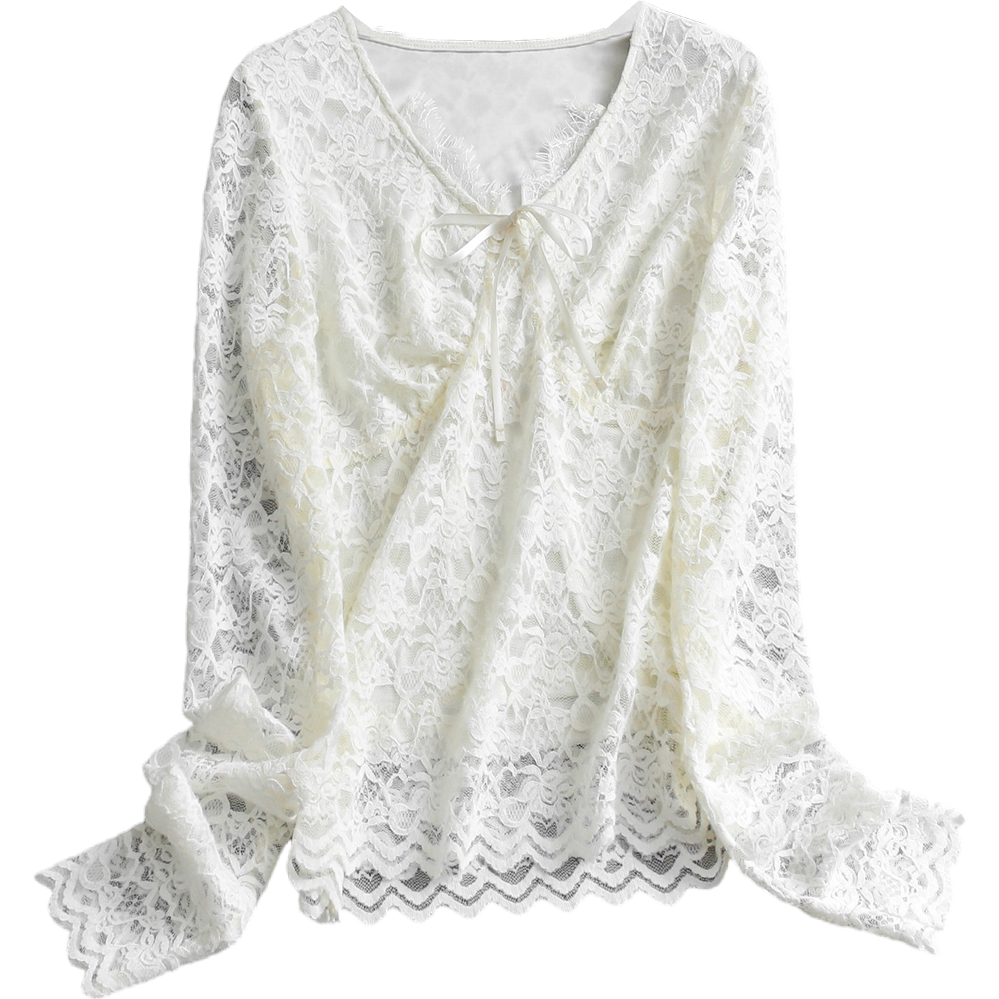 蝴蝶结系带V领长袖蕾丝衫可配一整套风琴褶半身裙女两件套装W025,淘宝优惠券,粉丝福利购,淘宝优惠卷