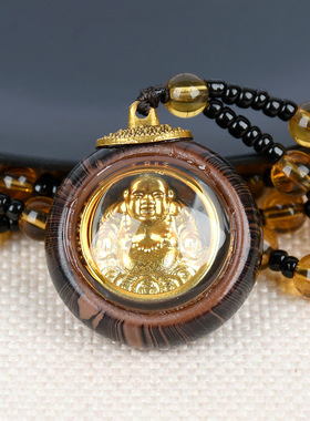 合金寺庙结缘吊坠双面仿木框佛具观音笑佛毛衣链项坠项链男女