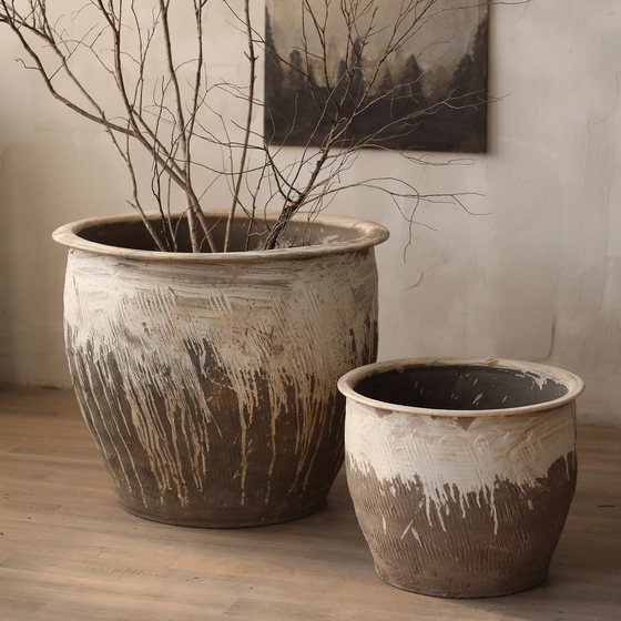 Large diameter wabi-sabi flower pots and flower vessels for Chinese gardens