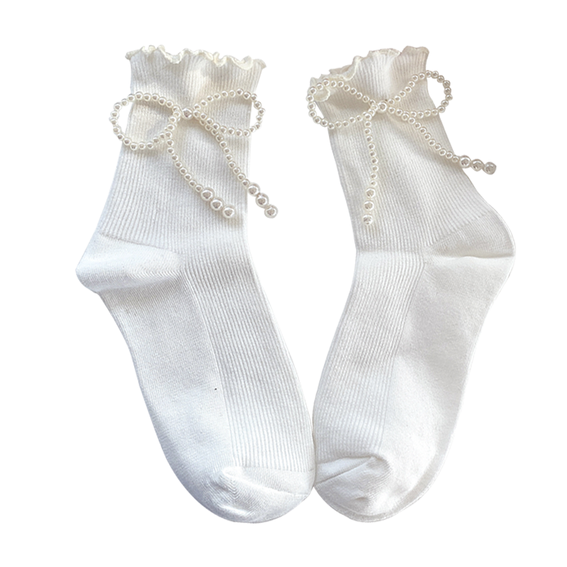 超越同款纯棉珍珠蝴蝶结花边中筒袜可爱学院风黑色堆堆袜子女秋冬 - 图3