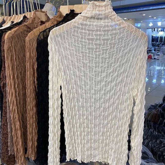 捡漏特价剪镖外贸折扣女装水波纹高领蕾丝长袖T恤女薄打底衫上衣