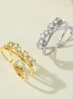 韩版925纯银五角星星纯银戒指镶钻畅销交叉双层戒指女小众设计感