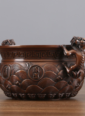 紫铜螭龙耳聚宝盆摆件铜工艺品客厅玄关办公桌博古架家居装饰品