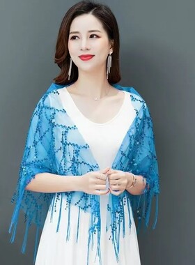 高端春季旗袍披肩外搭气质流苏亮片晚宴三角巾百搭披巾丝巾