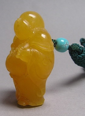 纯天然蜜蜡雕刻弥勒佛立体吊坠 琥珀坠 项链 苏州工艺 绿松石配珠