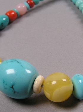 纯天然原矿绿松石老形桶珠项链 多宝项链 吊坠