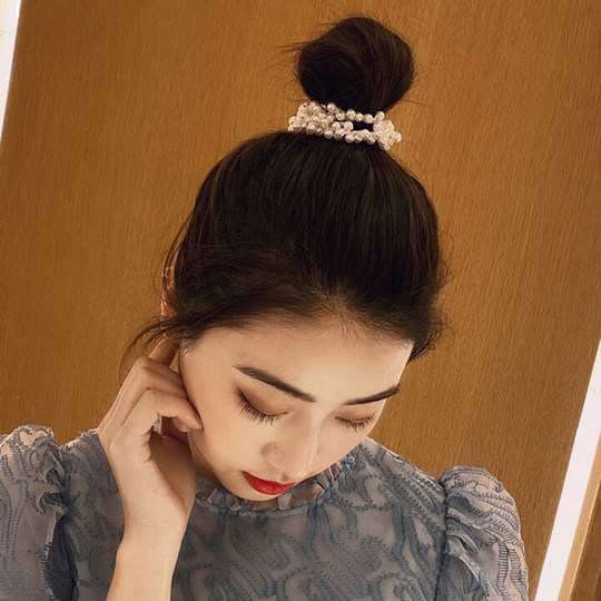 Champagne Pearl Hair Rope Women's Hair Tie Rubber Band Fashionable European and American French Ponytail Hair Rope Hair Accessories Simple Hair Tie