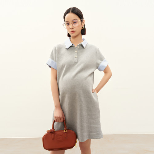 BELLYWEAR孕妇装夏季新款学院风拼接polo领短袖针织假两件连衣裙 - 图0