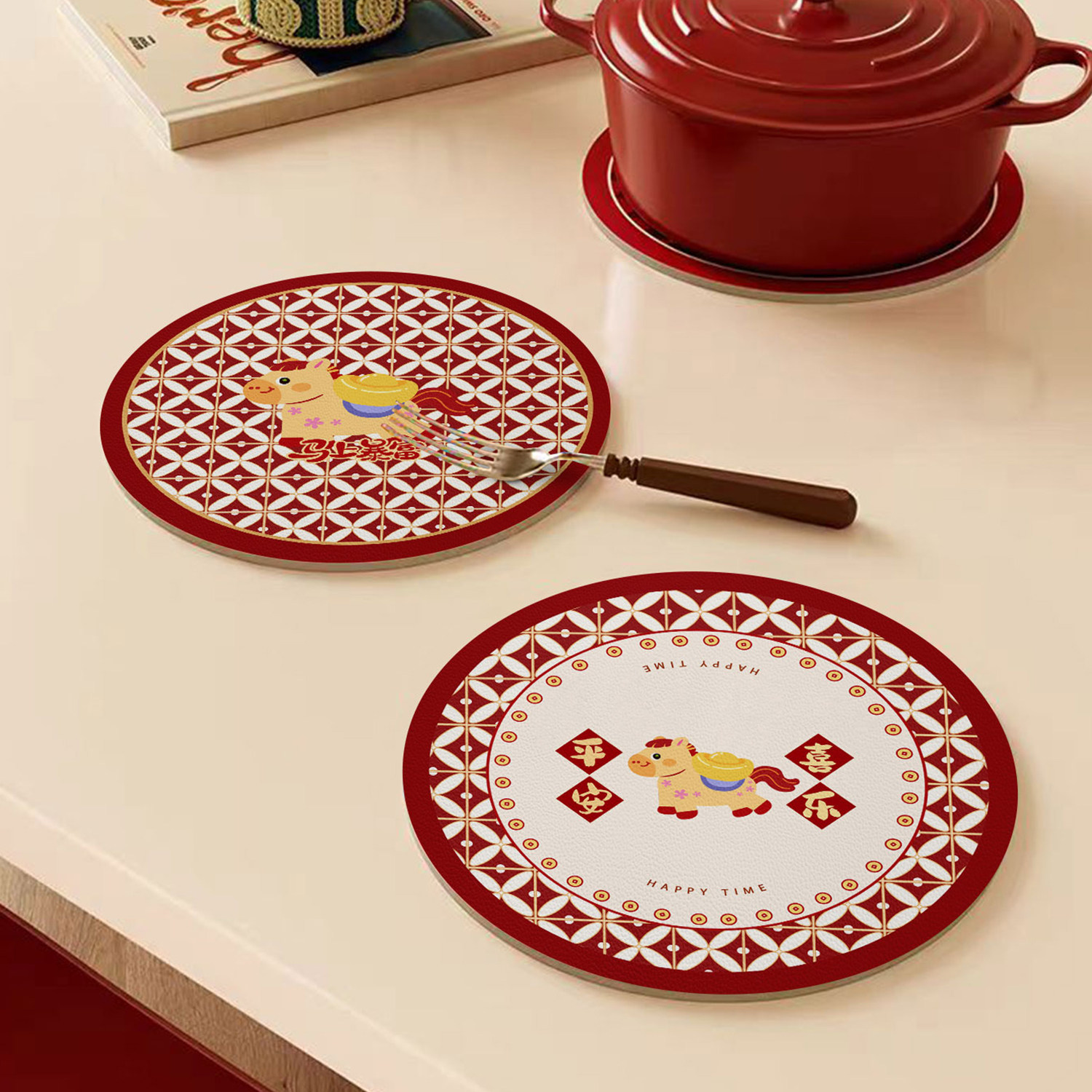 新年红色小号卡通餐垫圆形防滑隔热垫节日喜庆餐桌垫碗盘垫子杯垫,淘宝优惠券,粉丝福利购,淘宝优惠卷