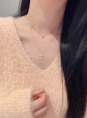 S925纯银十字架项链闪钻锁骨项链