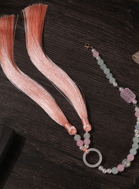 新中式浅粉璎珞明制长璎珞长背云流苏古风旗袍项链汉服配饰女