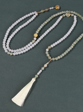 新中式项链女百搭感串珠浅色绿玛瑙混搭玻璃珠冰丝流苏长项链