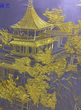 定制半透明纱布画单双面苏刺绣实木花格屏风金线仙山楼阁亭子线条