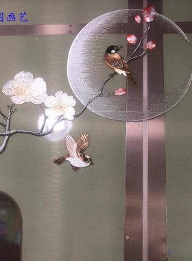 定制苏绣单双面刺绣透明纱布画屏风玄关隔断背景软装修饰花好月圆