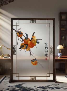 定制半透明纱布画精品实木花格座屏风茶室玄关万事如意单双面刺绣