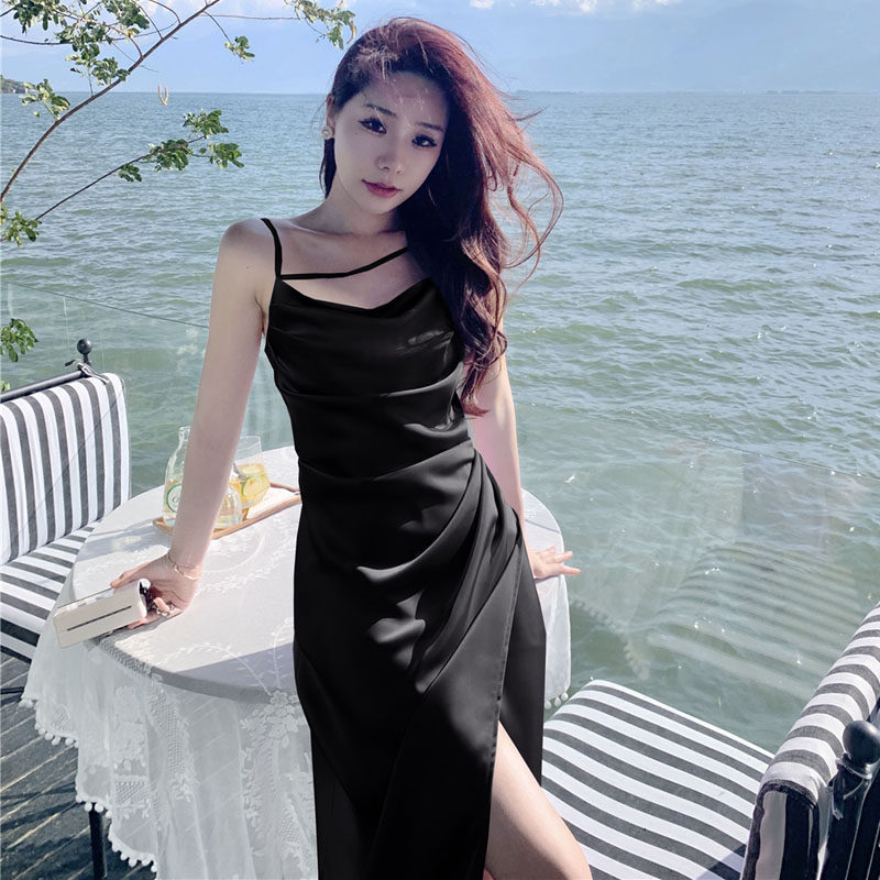 法式细肩带开叉吊带长裙日常可穿伴娘服姐妹晨袍仿醋酸缎面连衣裙