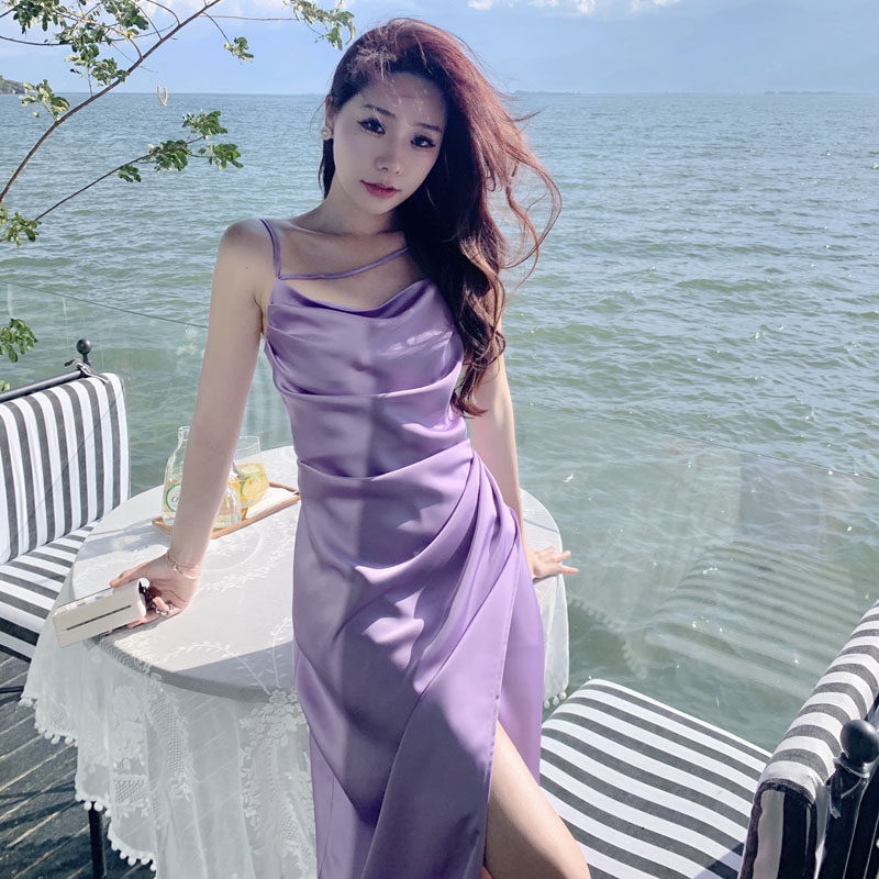 法式细肩带开叉吊带长裙日常可穿伴娘服姐妹晨袍仿醋酸缎面连衣裙