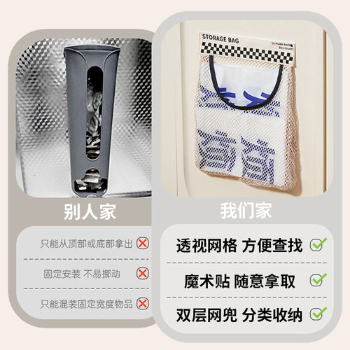 垃圾袋收纳壁挂式大容量厨房柜门后家用装储物塑料袋子魔术贴网兜 - 图3