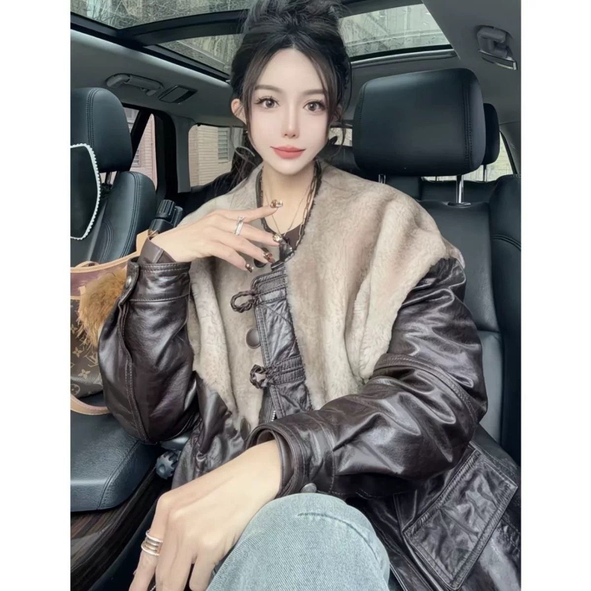 网红同款真皮皮衣女绵羊皮落曼高光油蜡皮鹅绒宽松外套,淘宝优惠券,粉丝福利购,淘宝优惠卷