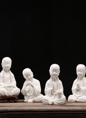 德化白瓷陶瓷静坐小和尚沙弥佛像工艺品家居装饰开业礼品平安摆件